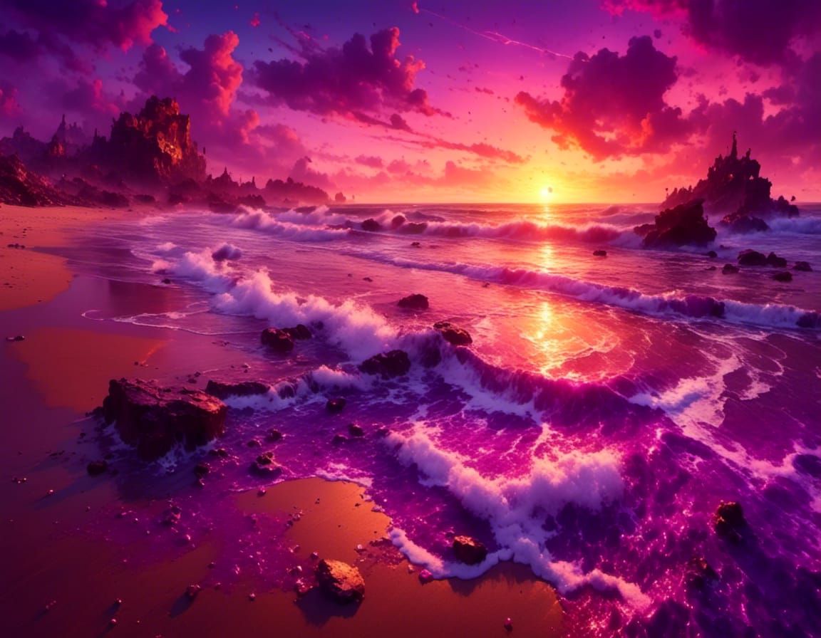 Desolate Violet Beach at Sunset Matte Painting
