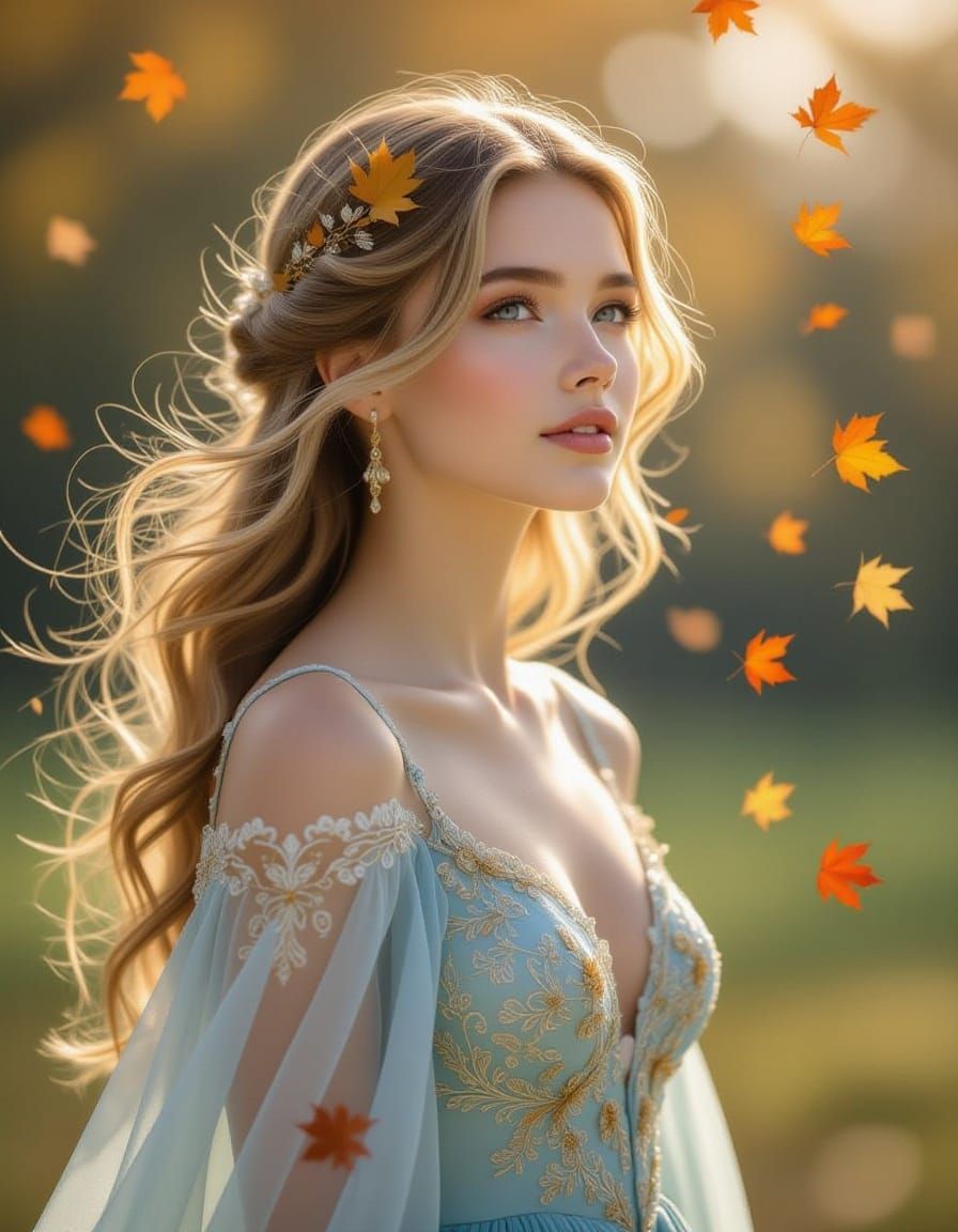 Ethereal Woman with Golden Hair and Autumn Leaves