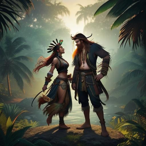 Pirate and Indigenous Woman in Jungle Sunset