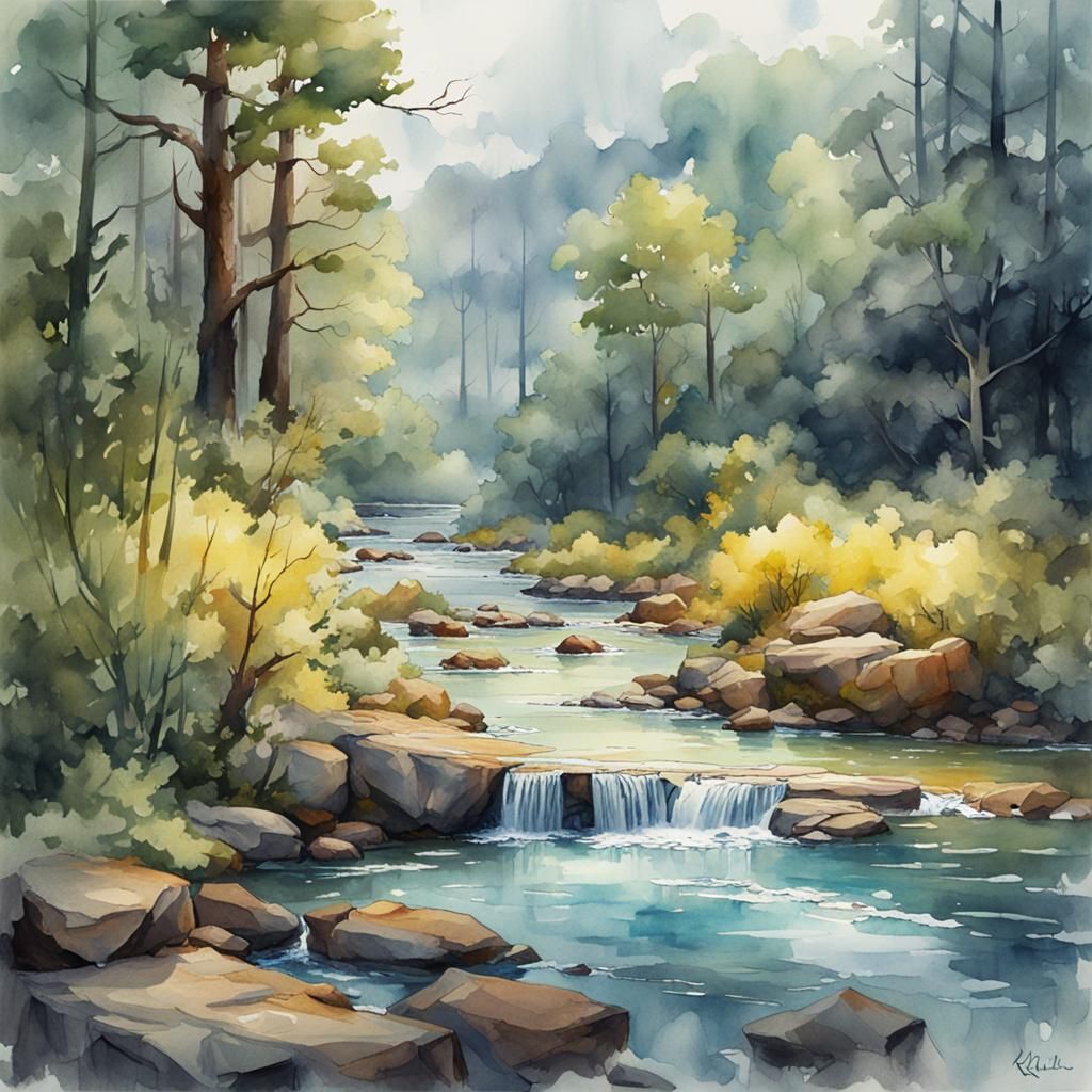 Lush River in Watercolor Style