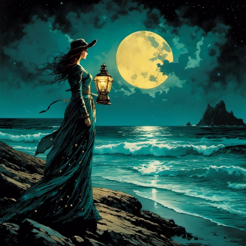 Grimdark Pirate Sorceress Under Moonlight