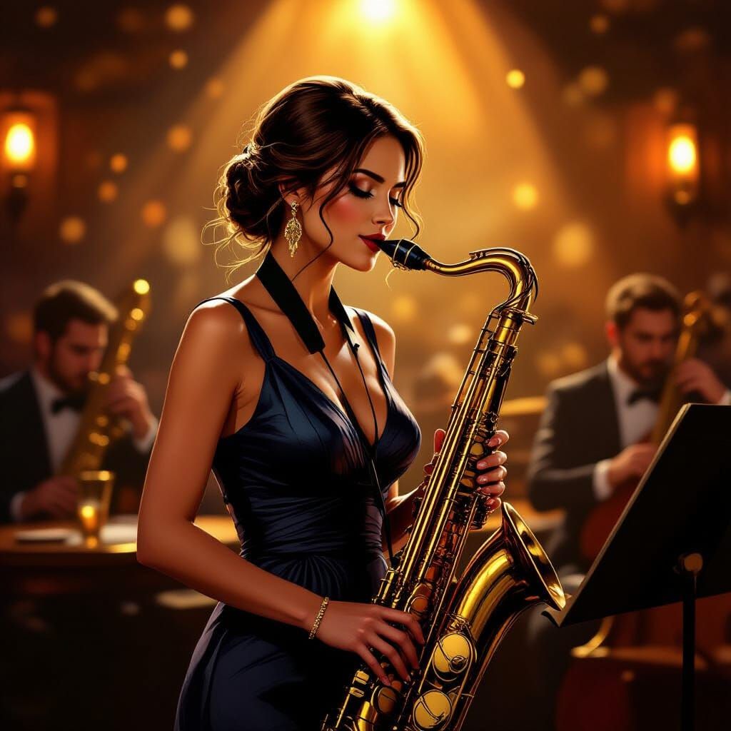 Elegant Woman Plays Saxophone in Jazz Club