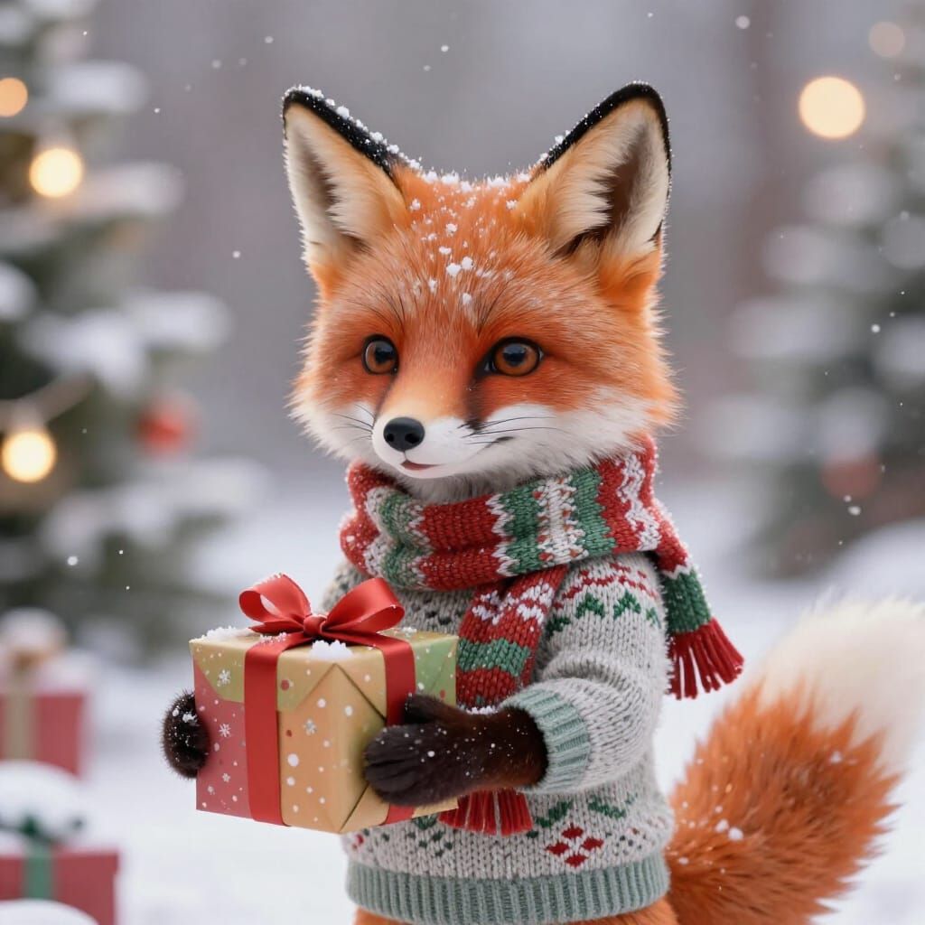 Cute Fox in Winter Clothes with Christmas Presents