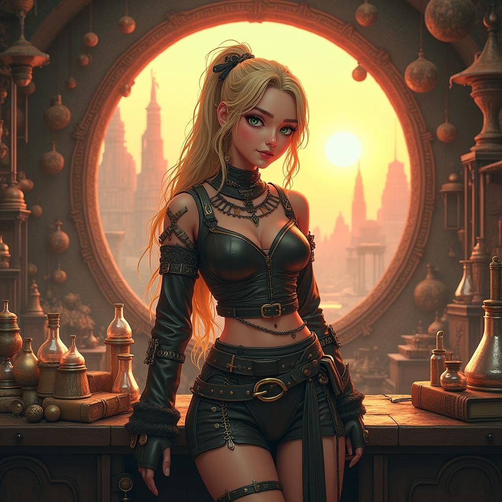 Cyberpunk Woman in Alchemy Lab with Futuristic Portal