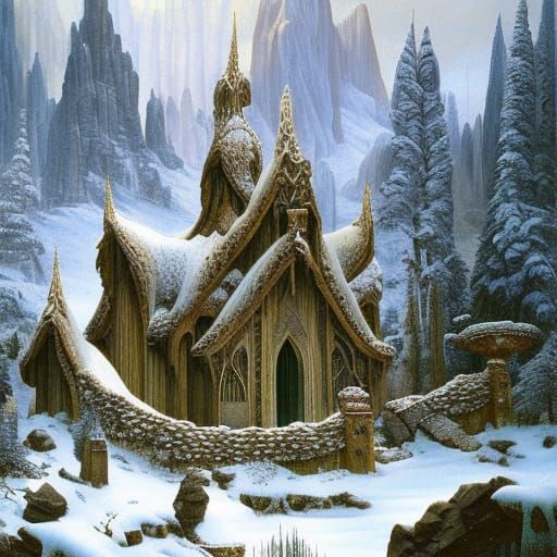 Majestic Elven Temple in Winter Landscape