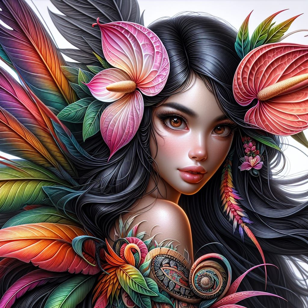 Hawaiian Fairy with Anthurium Wings in Airbrush Style