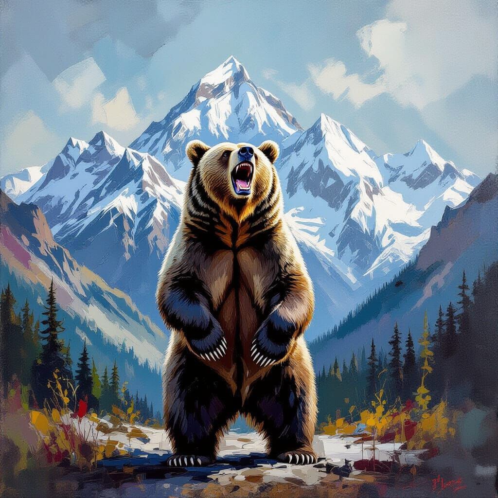 Grizzly Bear Roaring in Abstract Impasto Style