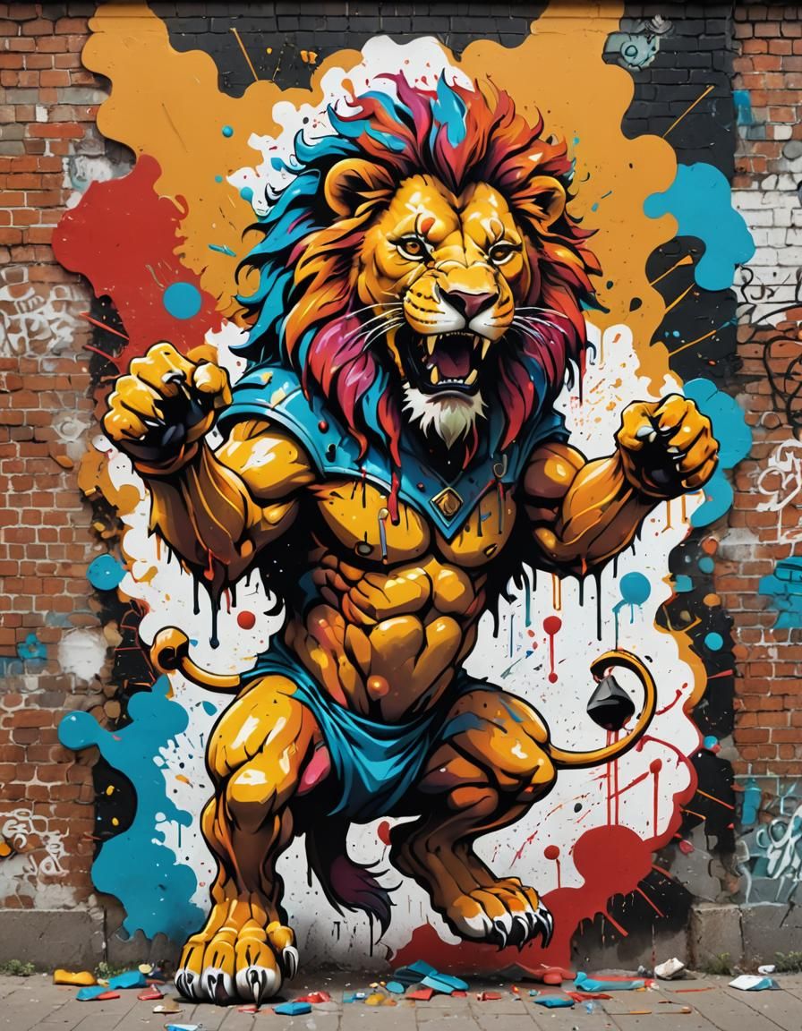 Lion Champion Graffiti Art Bursting From Wall