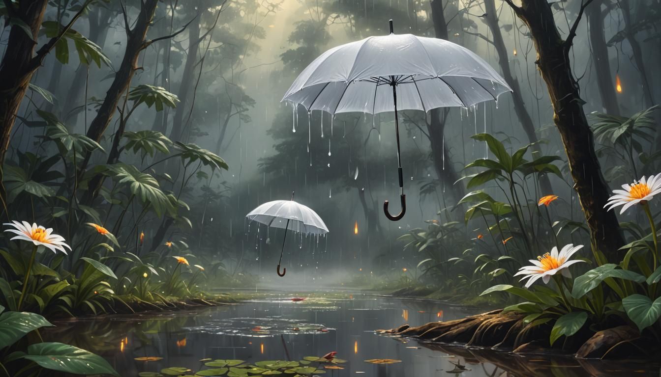 White Umbrella Floats in Misty Forest Oil Painting