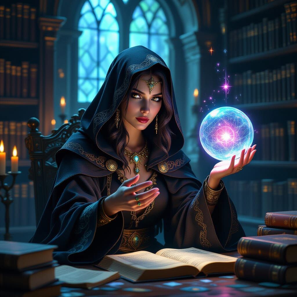 Mysterious Sorceress in Arcane Library, Art Nouveau Style
