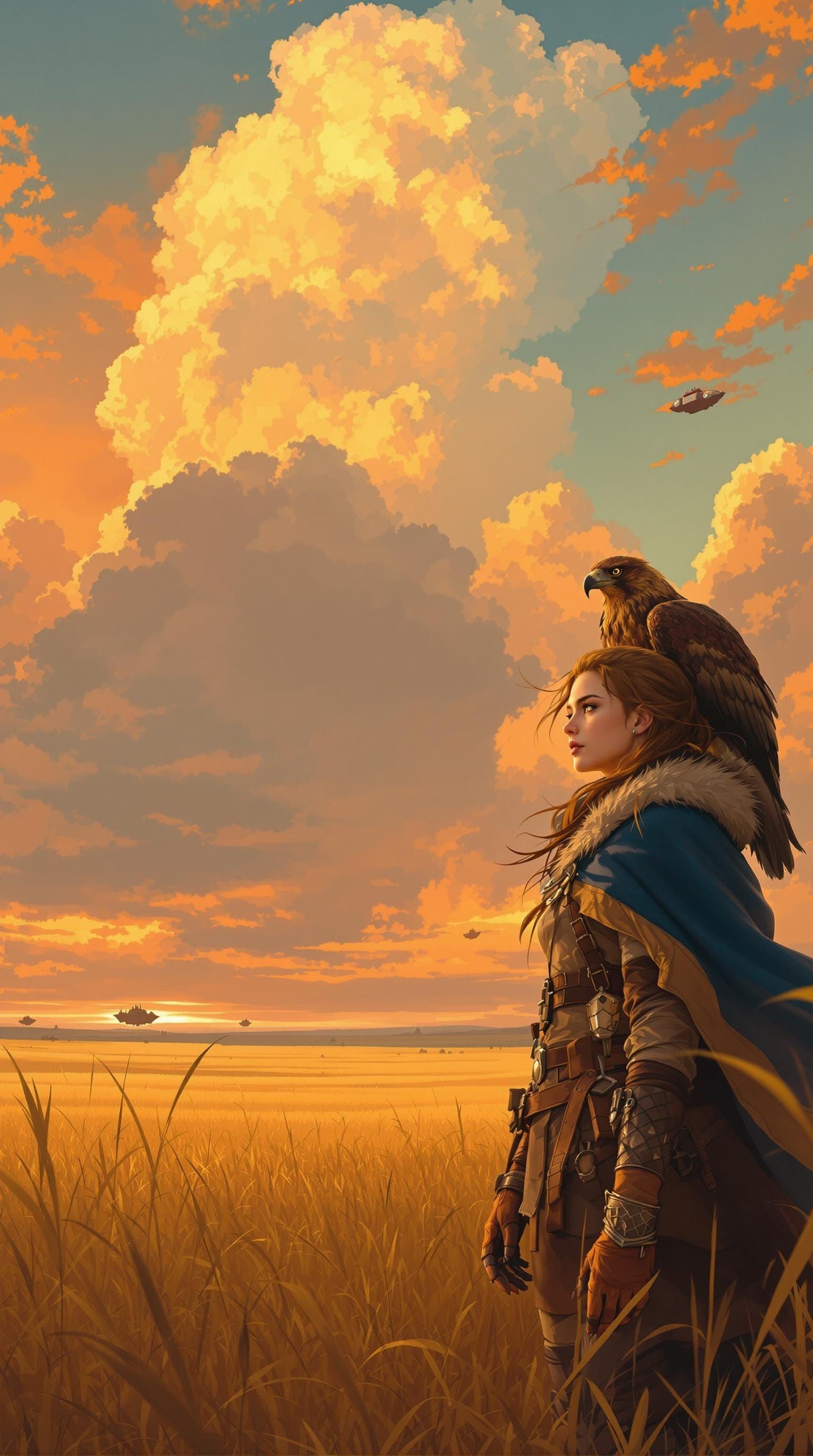 Fantasy Huntress and Hawk in Golden Prairie at Dusk