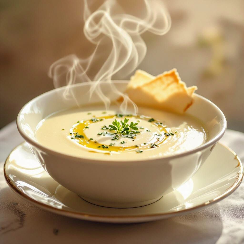 Creamy Soup with Herb Oil, Impressionist Style