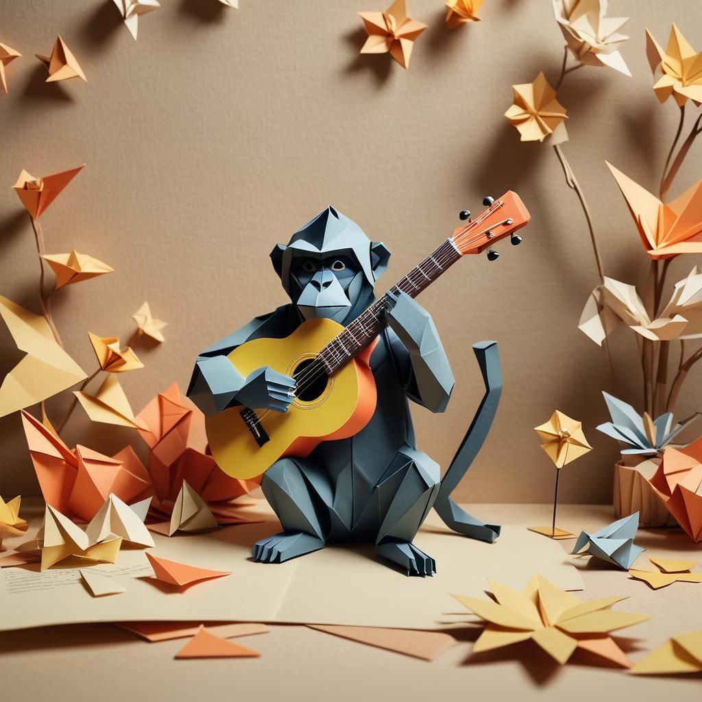 Origami Monkey Plays Guitar Papercraft
