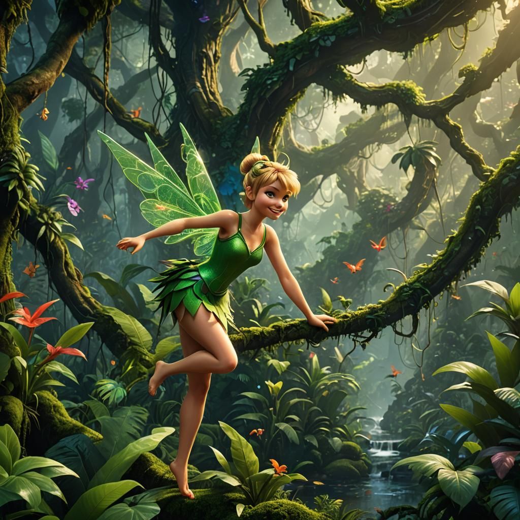 Tinkerbell in a Lush Rainforest: Fantasy Concept Art