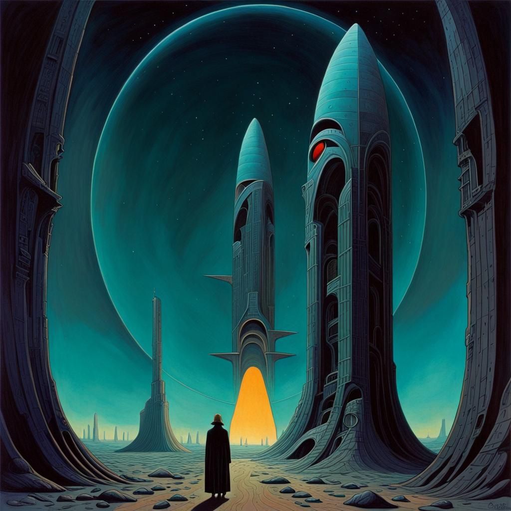 Moebius Style Dark Gothic Sci-Fi Painting