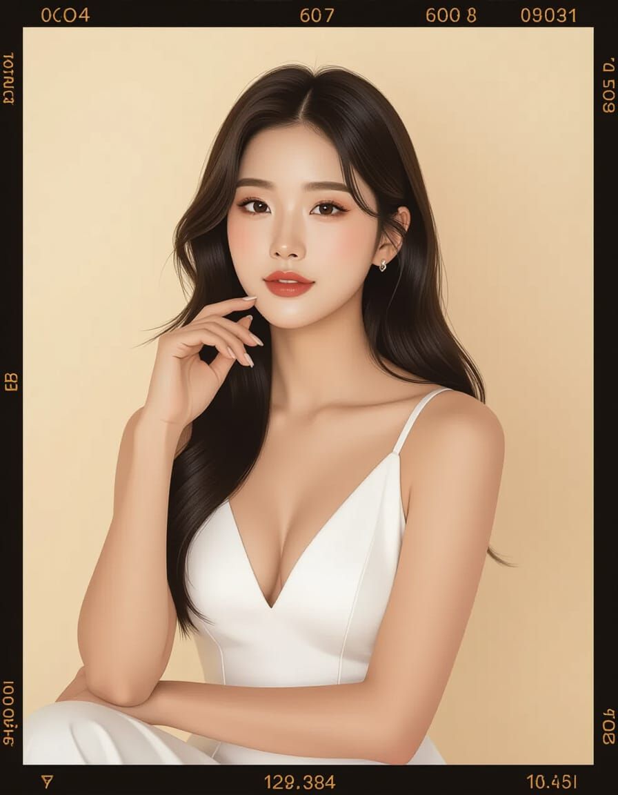 Studio Portrait of Confident Korean Woman in White Dress