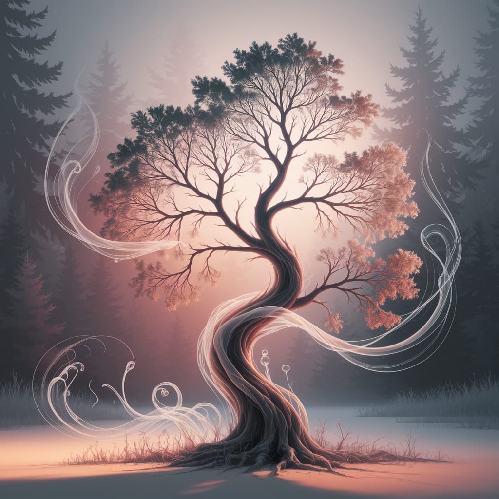 Wisps of smoke twisting into the shape of a tree against a b...