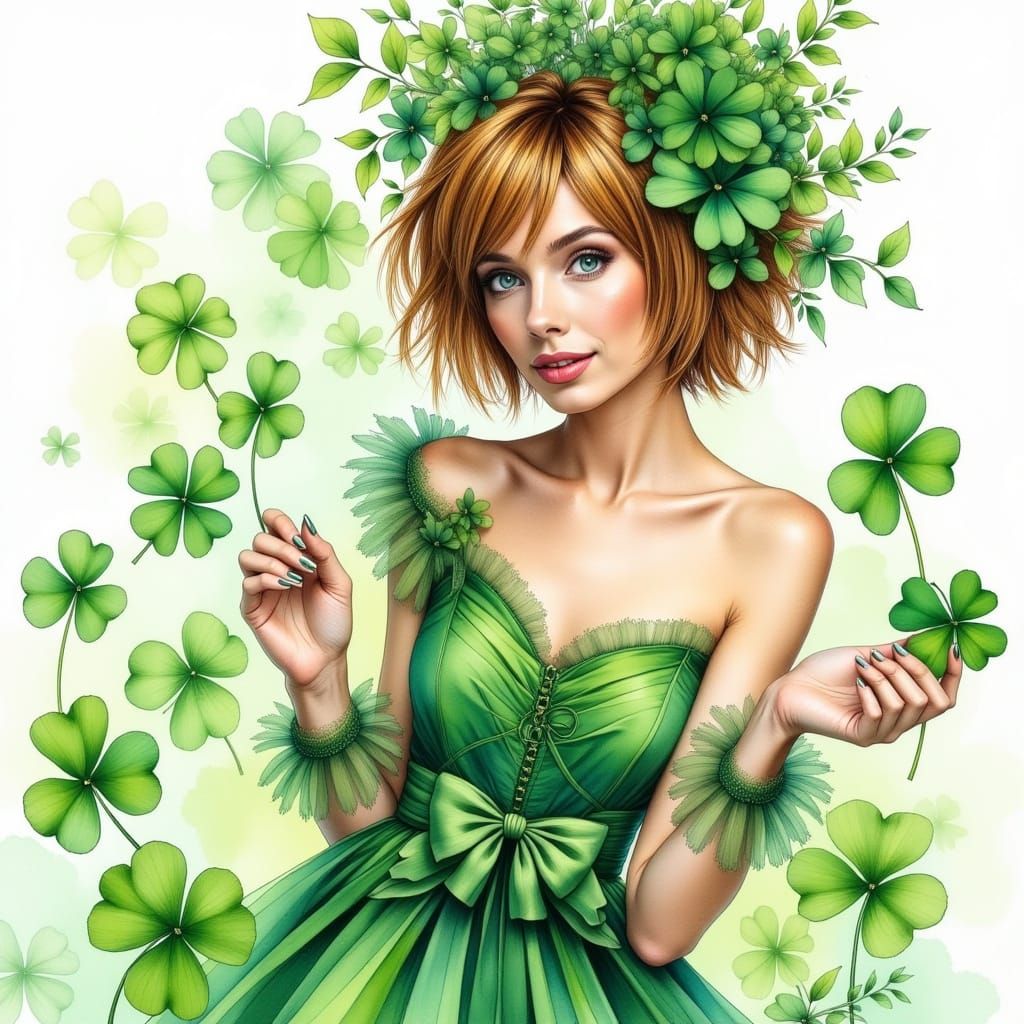 Elegant Woman Celebrates St Patrick's Day in Watercolour