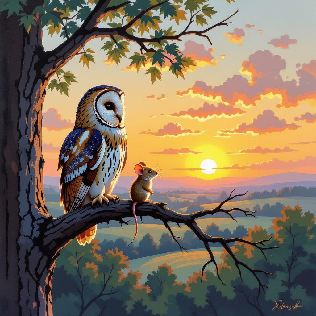 Owl and Mouse Watch Sunrise on Tree Branch in Gouache Style