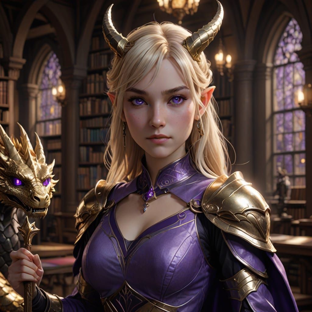 Cyberpunk-Inspired Dragonborn Wizard in a Magical Library