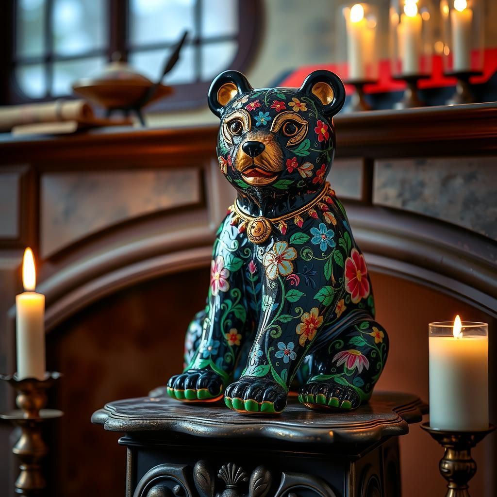 Enameled Glass Bear Figurine with Floral Details