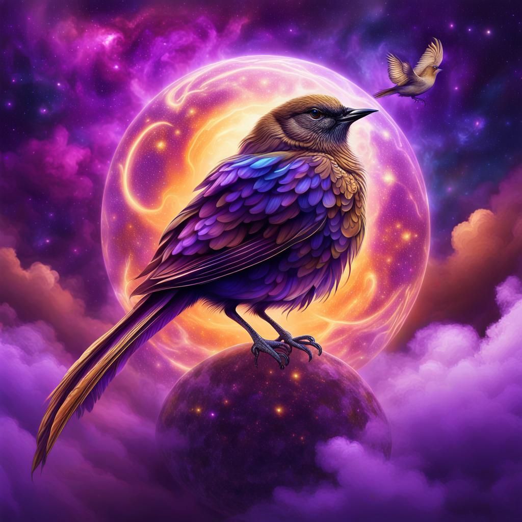 Cosmic Bird on Astral Orb in Surreal Illustration