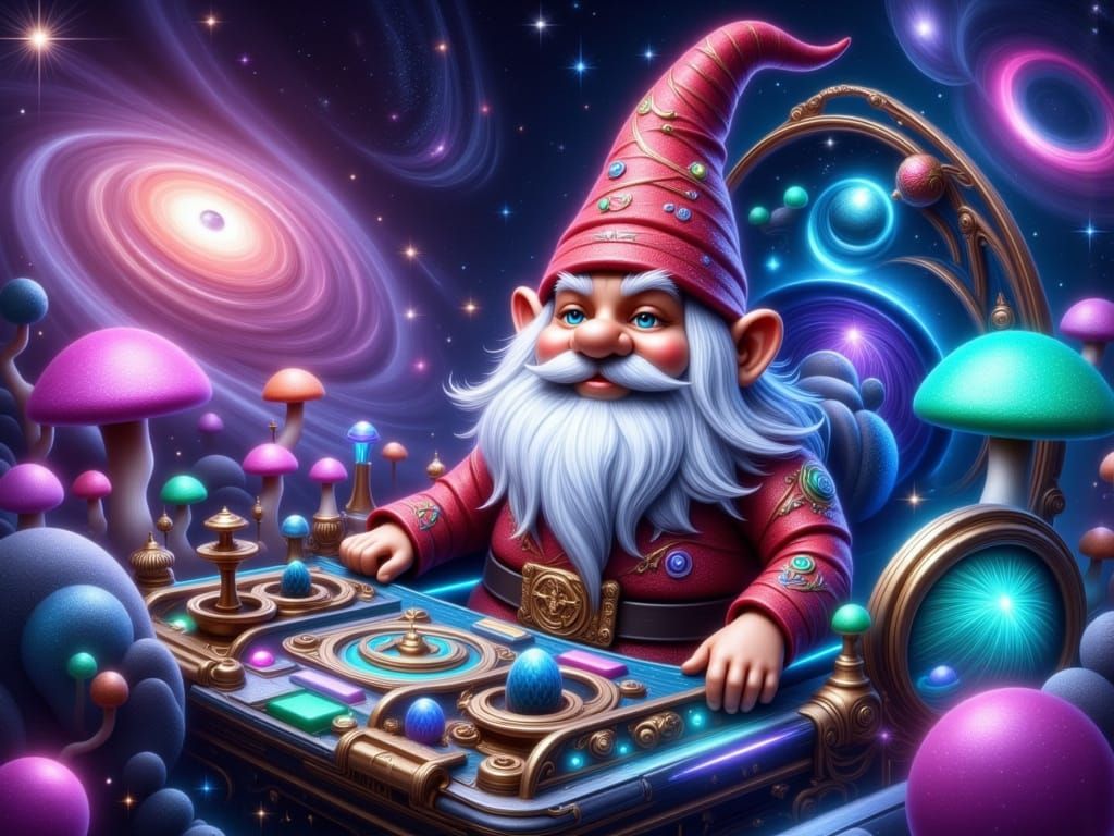 Futuristic Gnome Space Traveler in Cosmic Cockpit