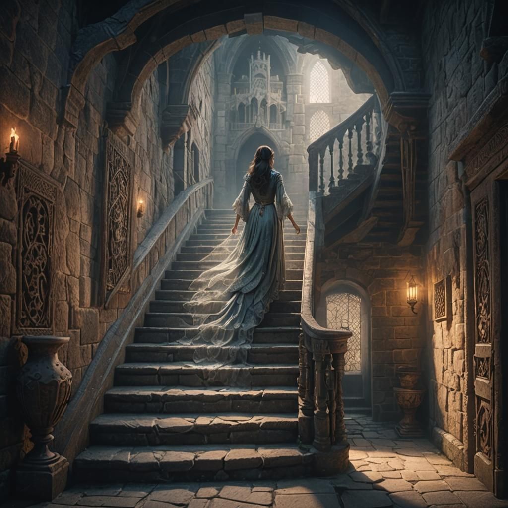 Ethereal Lady Ascends Medieval Castle Stairs