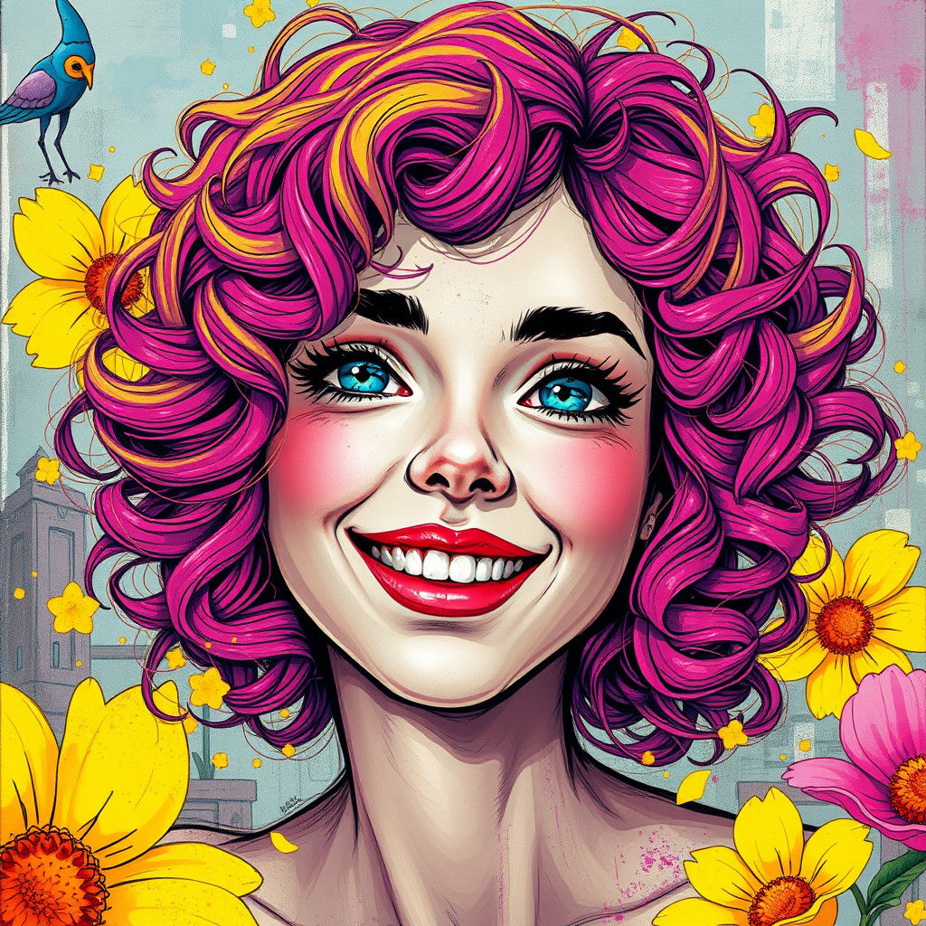 Vibrant Comic Portrait with Flowerpunk Aesthetic