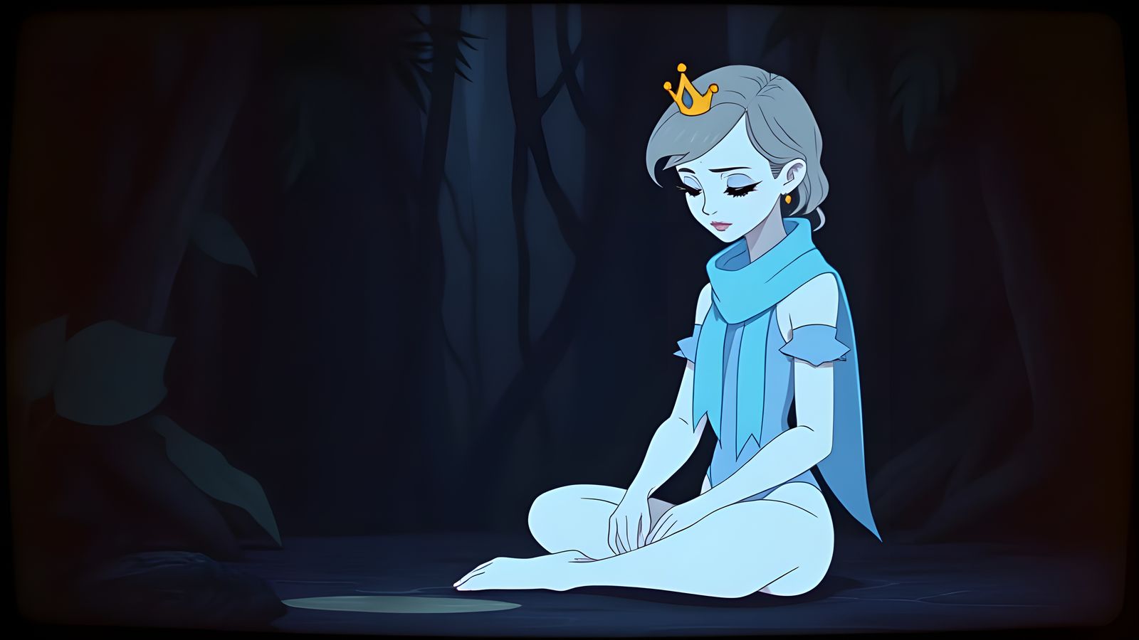 Vintage Cartoon Princess in Dark Jungle Scene