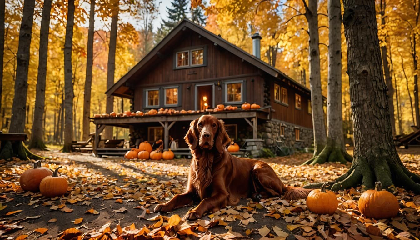 Irish Setter in Autumnal Cabin Photography