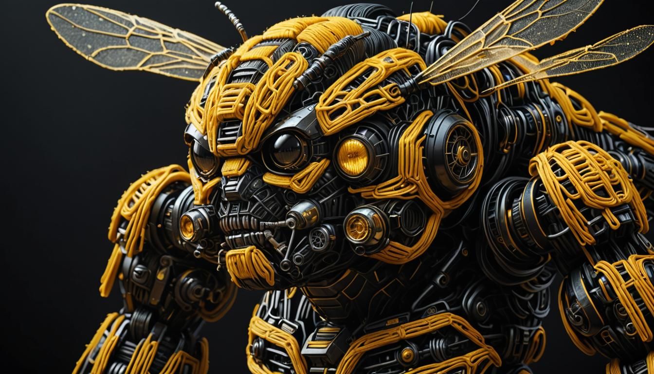 Yarn Bumblebee Macro Shot in Hyperrealistic Style
