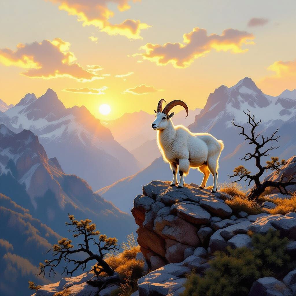 Majestic Mountain Goat Overlooking Valley as Painting