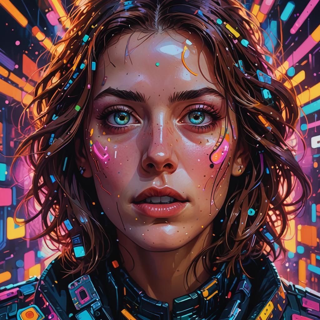 Cyberpunk Pop Art Portrait with Bullets and Neon Lights