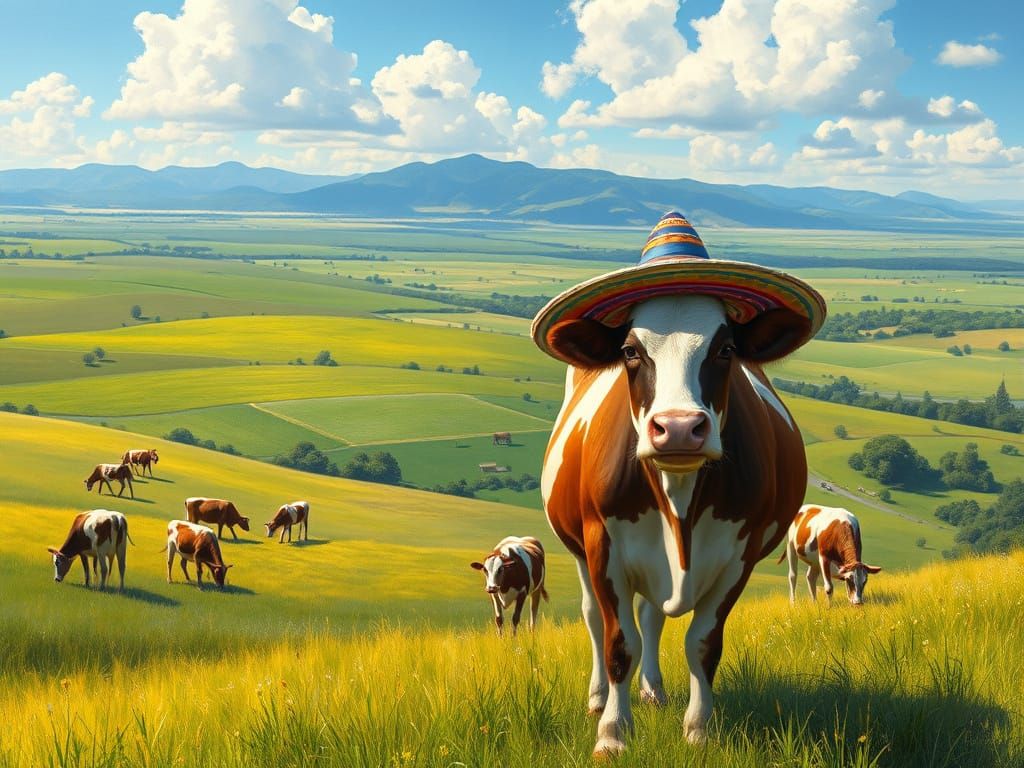 Cow with Sombrero in Sunny Pasture