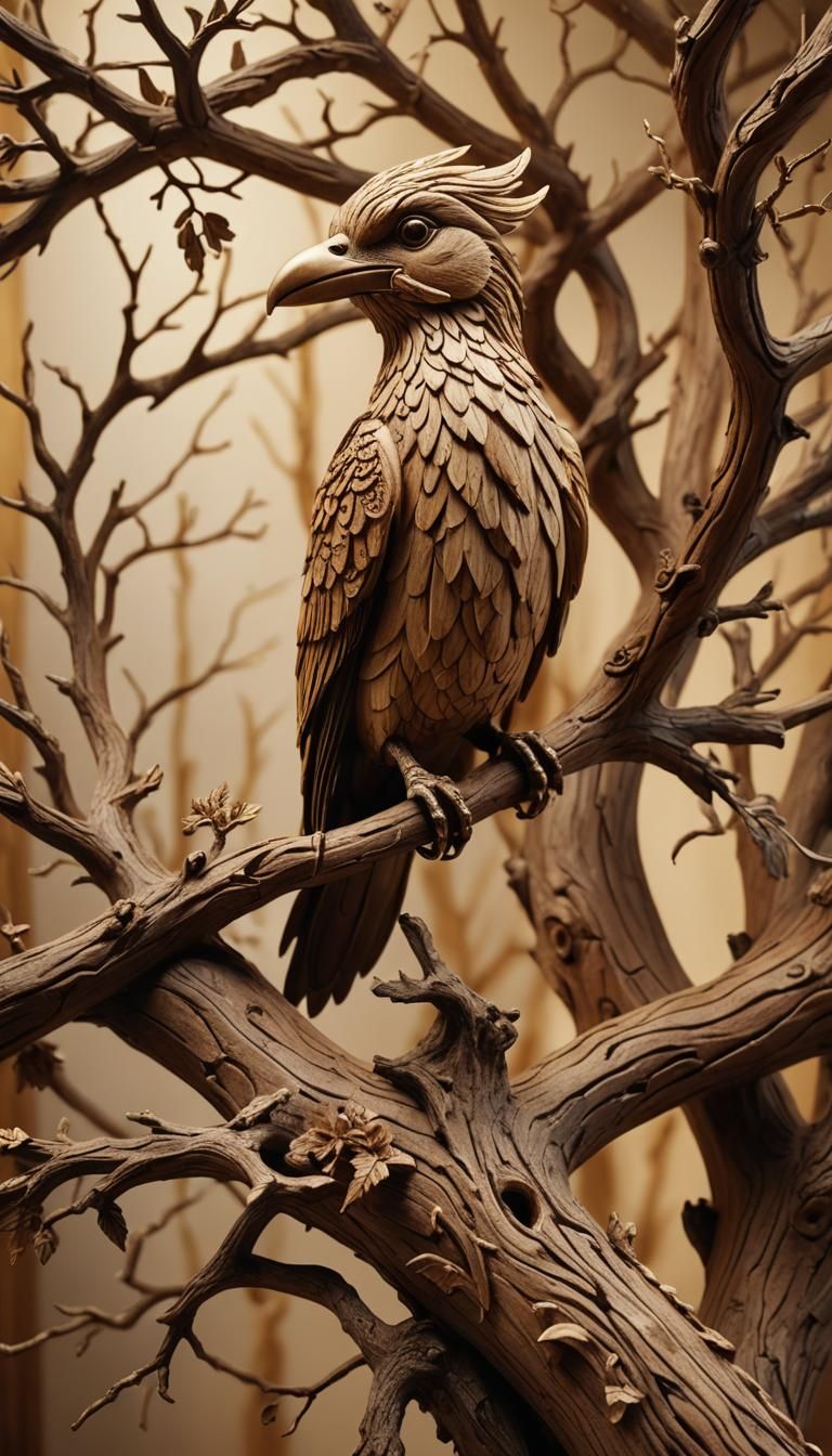 Detailed Wood Carving of a Bird in Golden Light