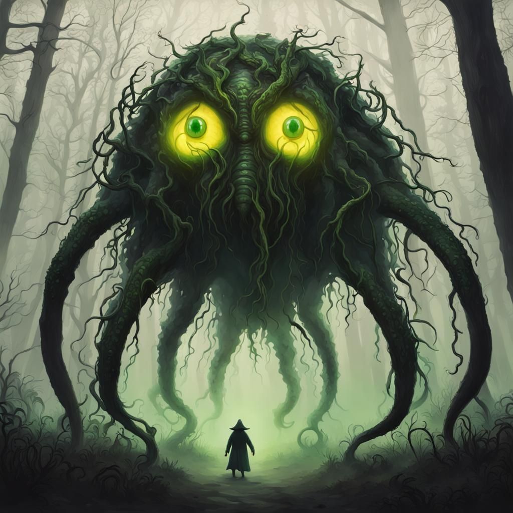 Eldritch Creature Emerges from Forest at Night