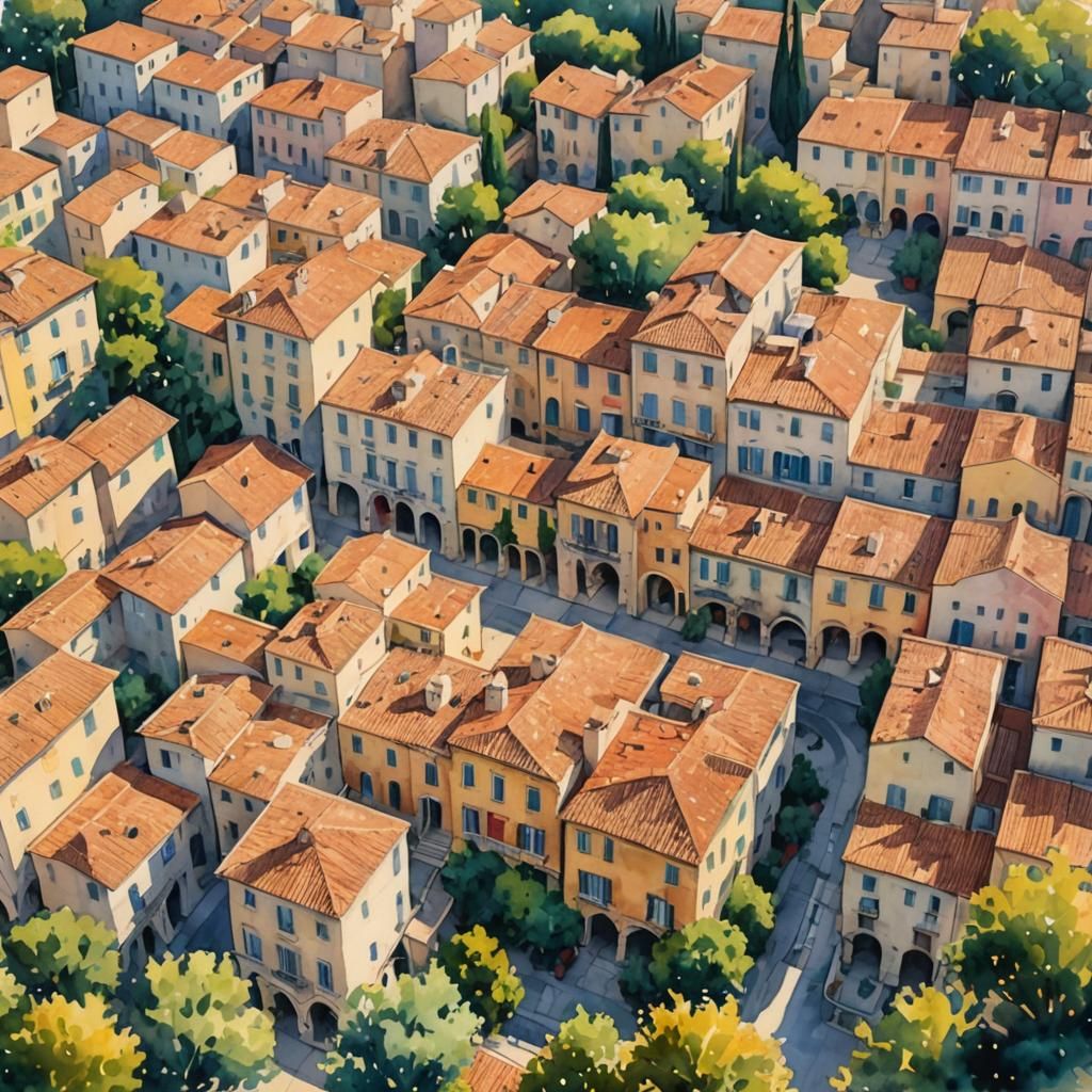 Mediterranean Town Square in Vibrant Watercolor Art