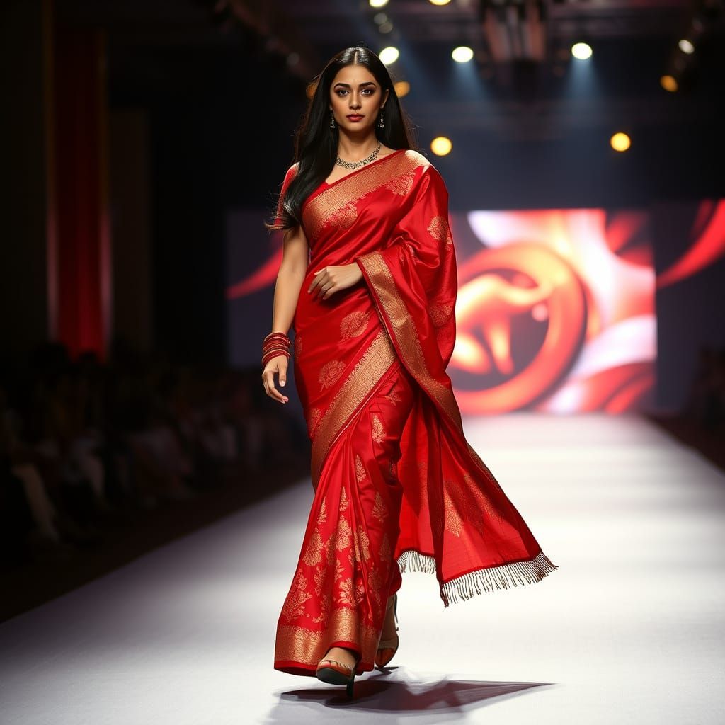 Confident Woman in Vibrant Red Saree Strides Down Runway