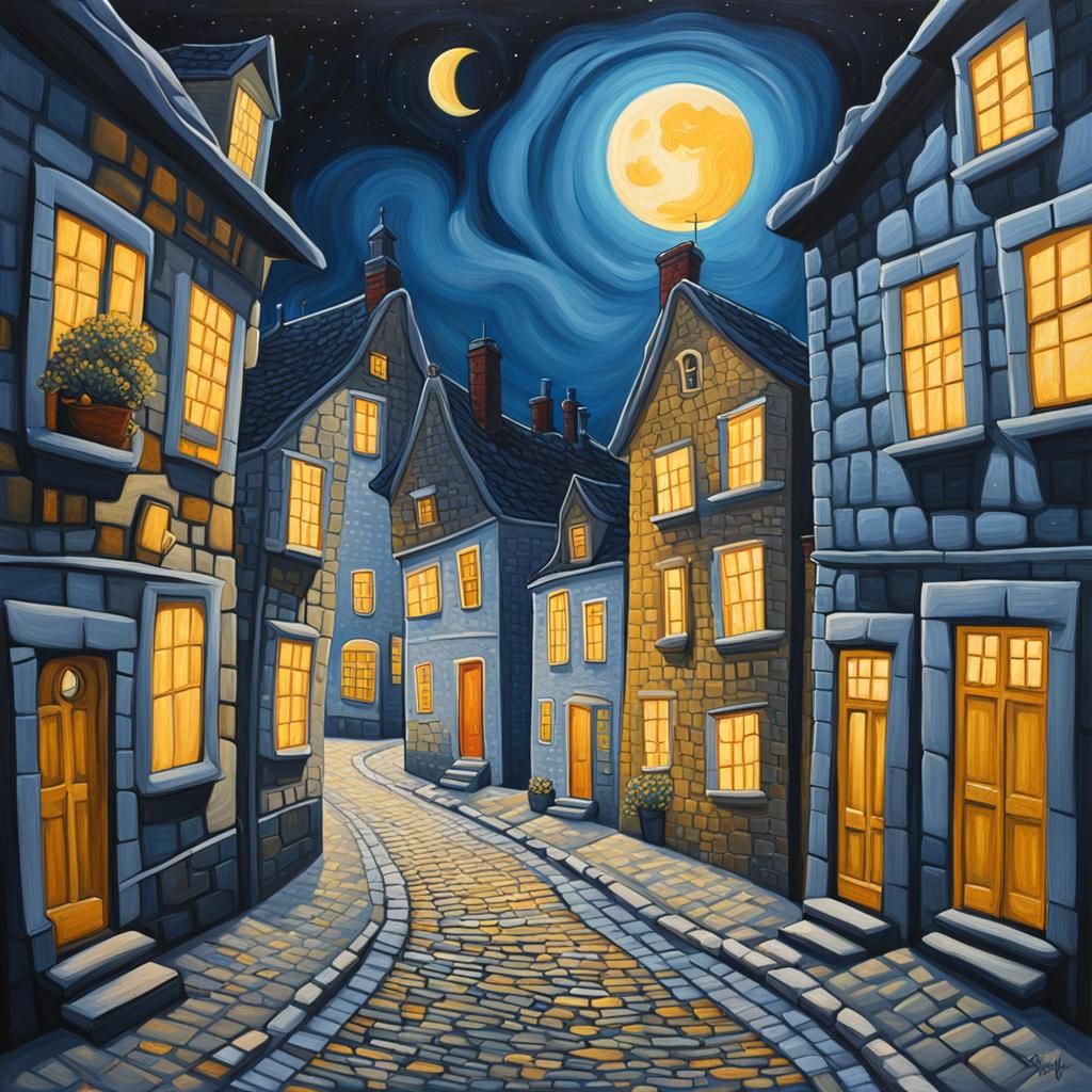 Night Street Scene Acrylic Painting with Volumetric Lighting