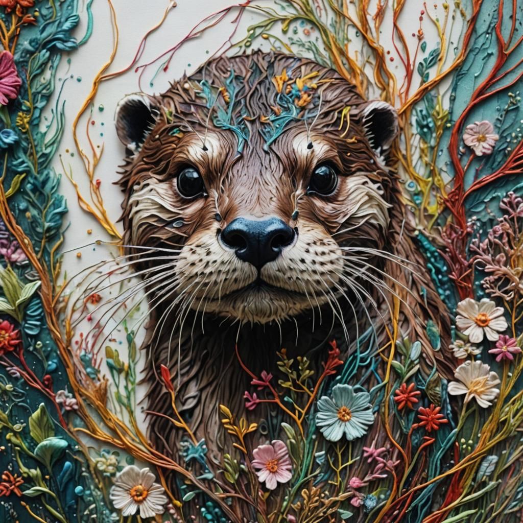 Surreal Embroidered Otter Textile Art in Vivid Colors