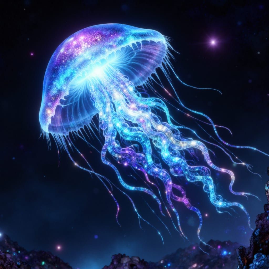 Ethereal Jellyfish Ascends Starry Abyss in Neon Glow