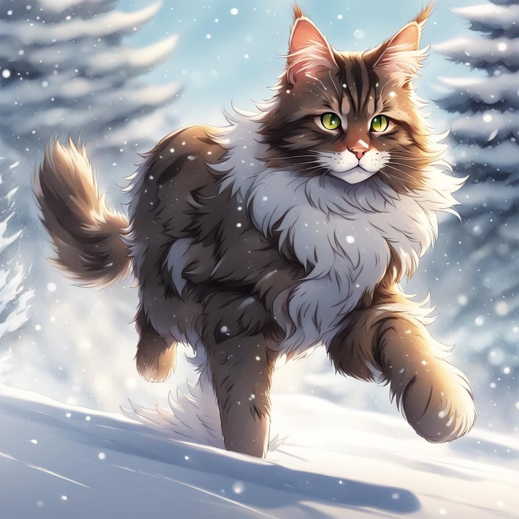 Maine Coon Cat Strolling Through Snow in Anime Style