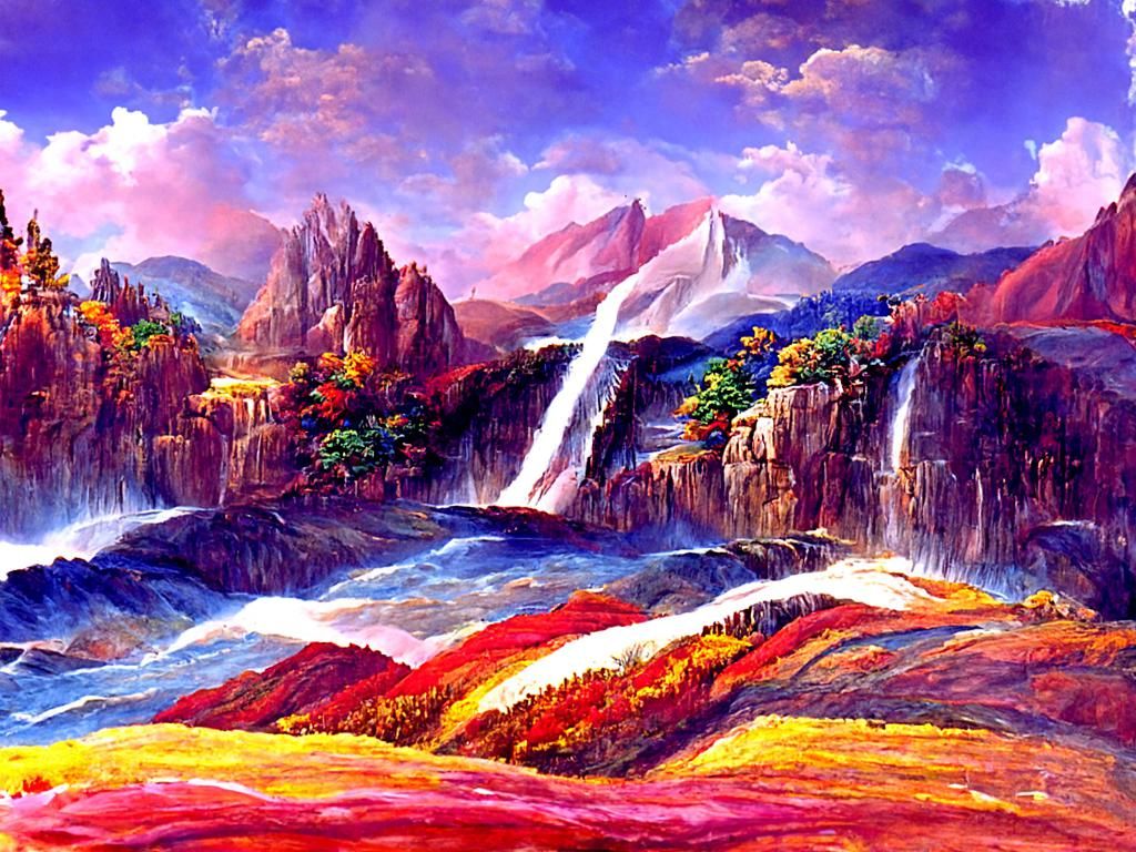 Colorful Waterfall Landscape in Renaissance Style