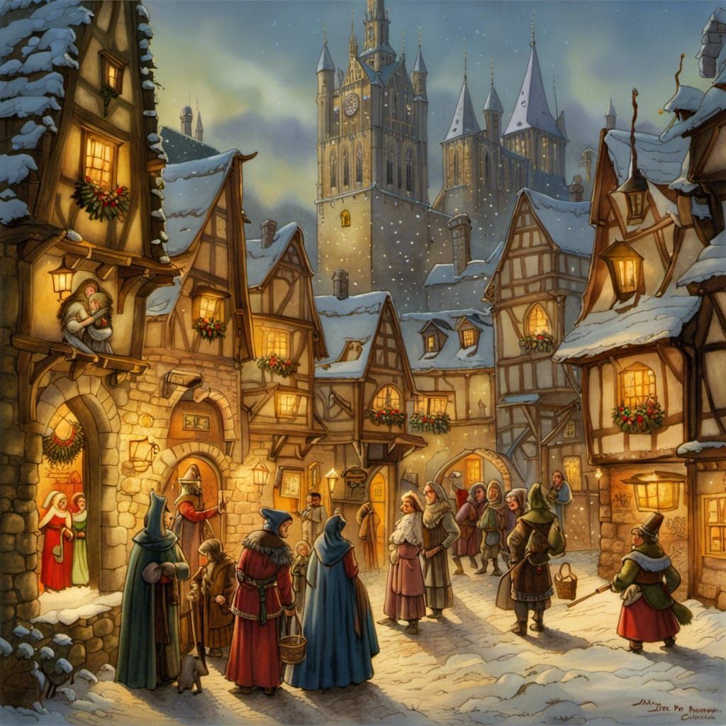 Medieval Christmas Town Inspired by Classic Illustrators