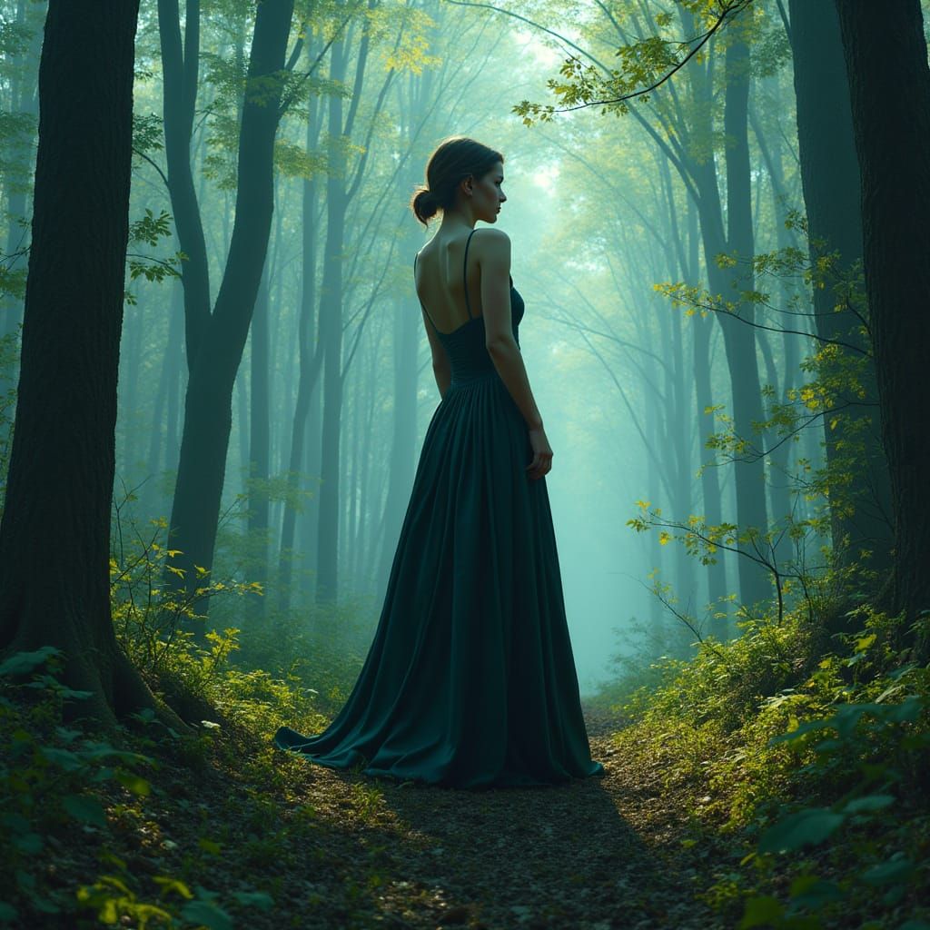 Ethereal Woman in Misty Forest, Digital Painting