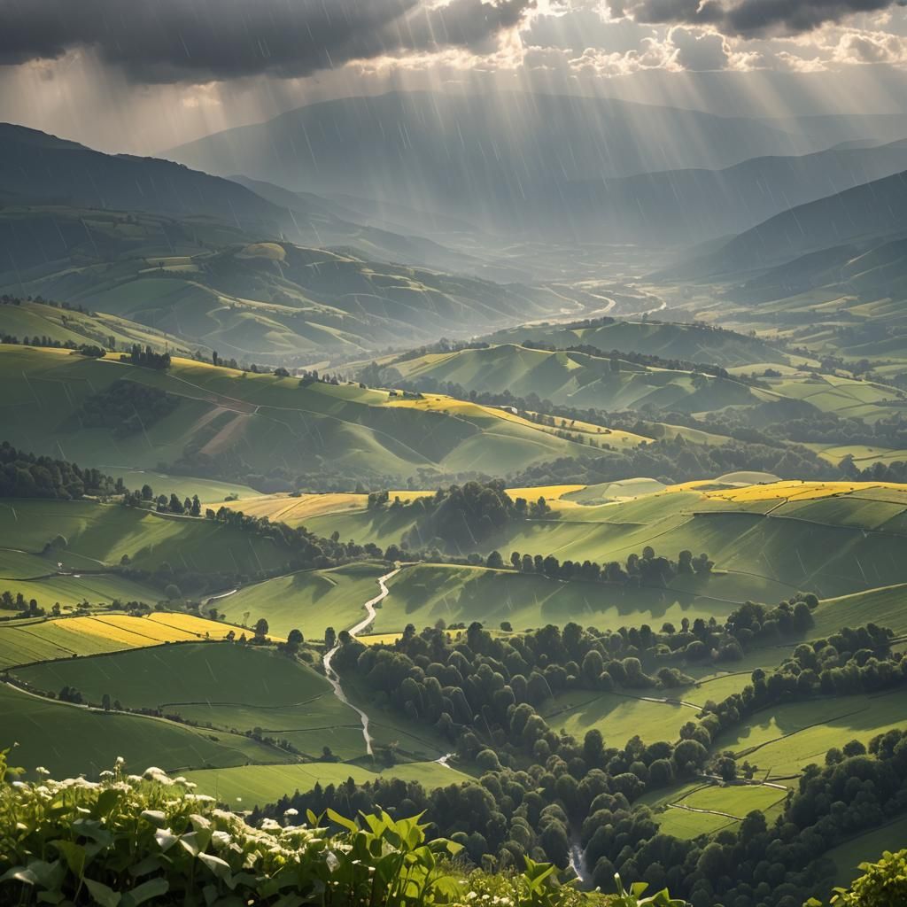 Raindrops and Sunlight on a Valley