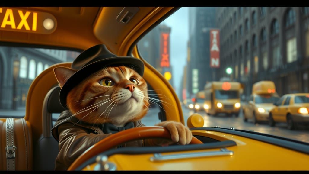 Pixar Cat Driver in Rain-Soaked City