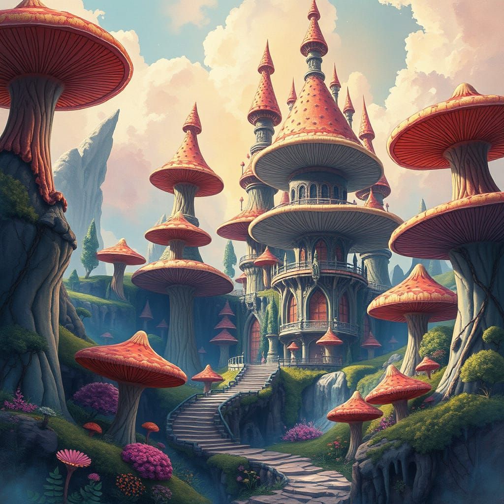 Majestic Fungal Palace in Dreamy Watercolour-Inspired Landsc...
