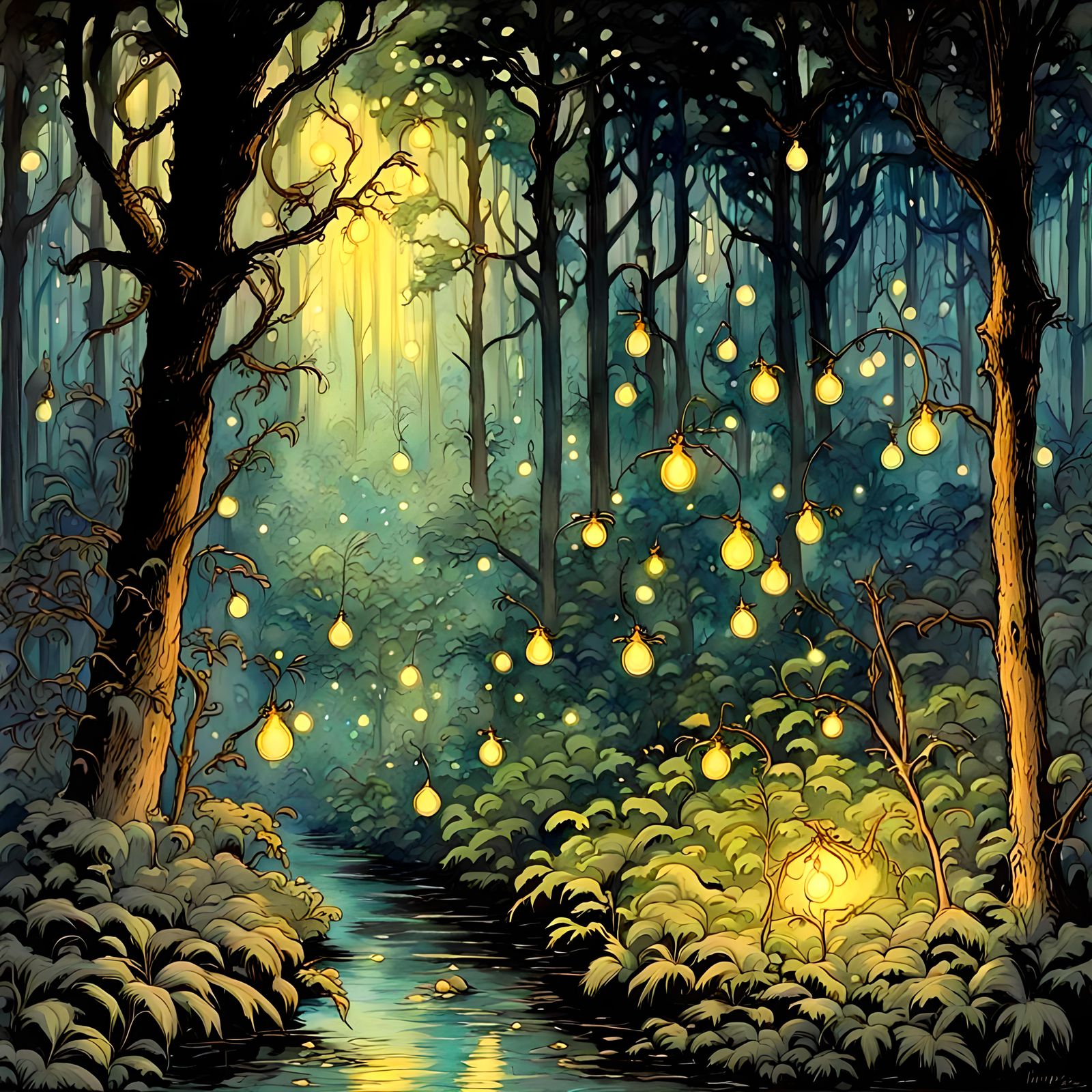 Lush fantasy enchanted forest, fireflies, gouache, comic art...